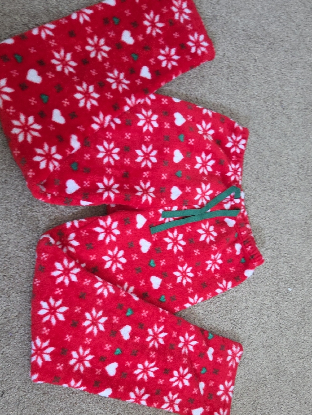 Red Holiday Fleece Pajama Pants with Snowflake & Heart Print